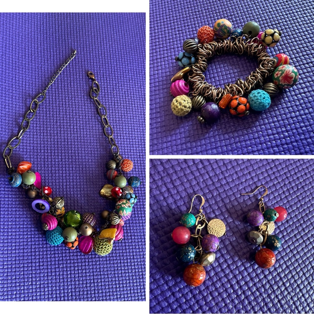Colorful Beaded Jewelry Set - bracelet, necklace, and earrings gold bronze multi